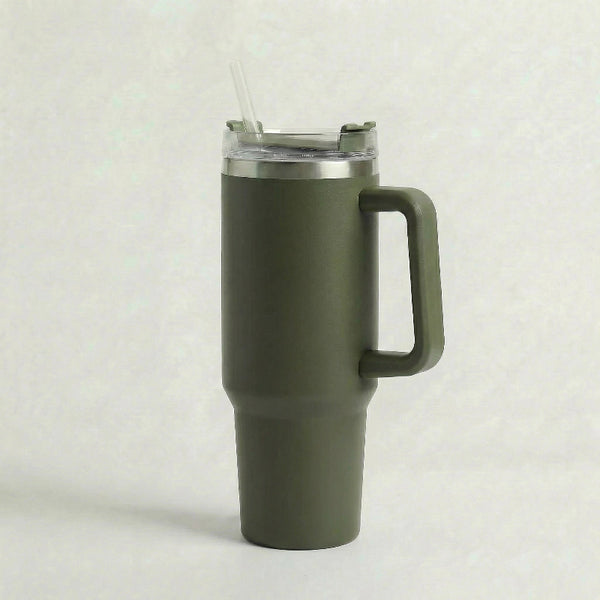 Gourde-Isotherme-1.2L-Vert-Militaire- avec-Paille-et-Poignée–Thermos-Inox- XXL