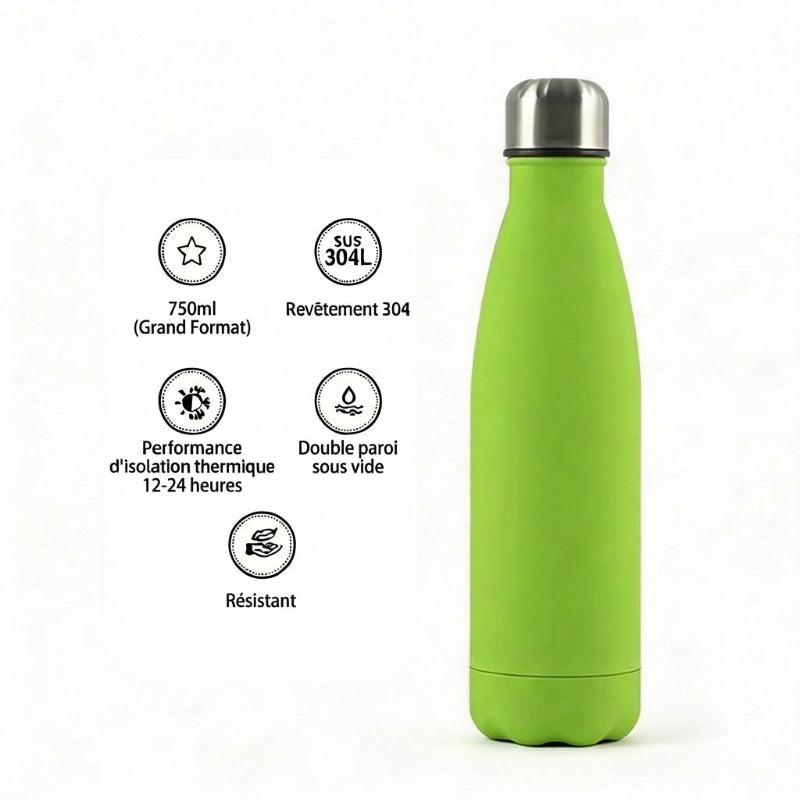 Gourde Isotherme 750ml Vert Sans BPA Double Paroi — Robuste Sport et Outdoor