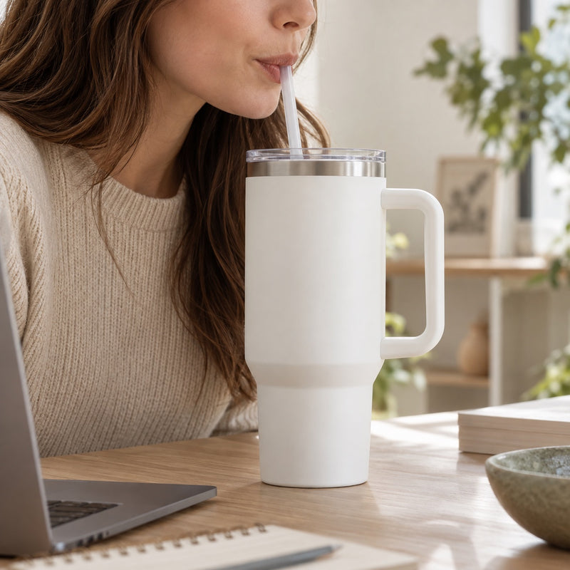 Une femme boit à la paille, la gourde blanche posée sur le bureau