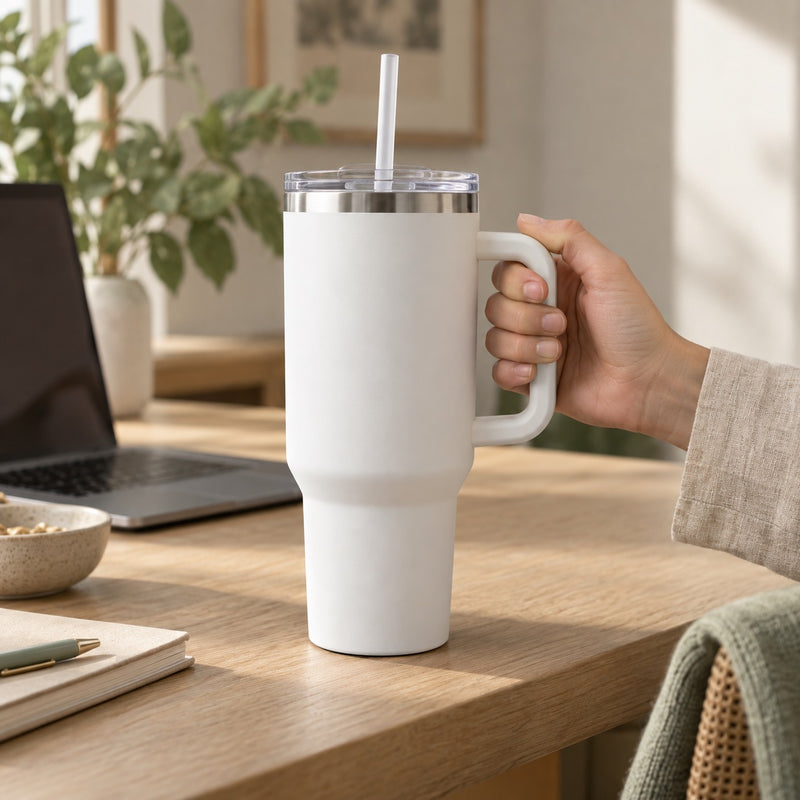 Une main saisit la poignée de la gourde blanche sur un bureau