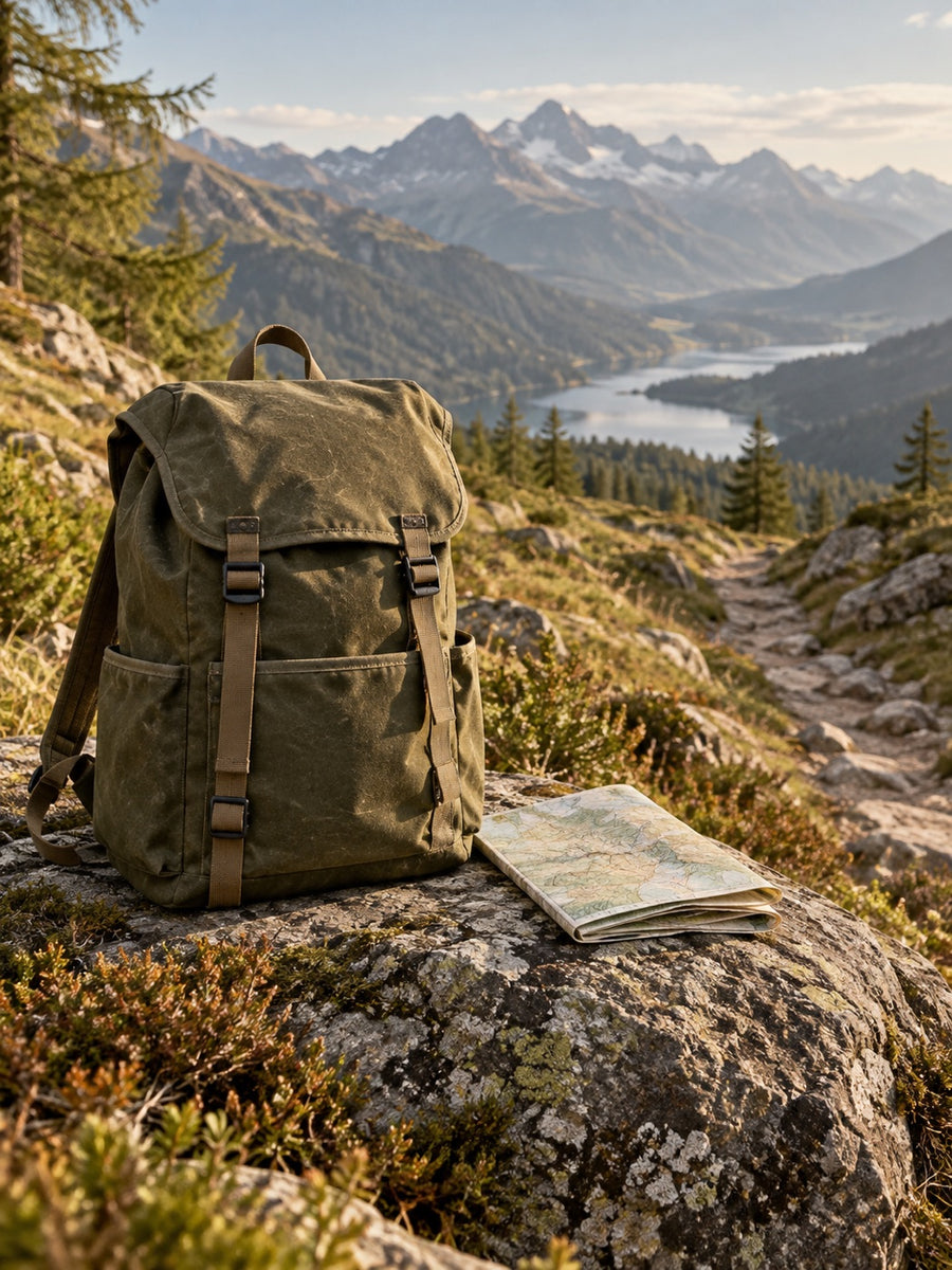 Sac et carte de randonnée face aux montagnes.