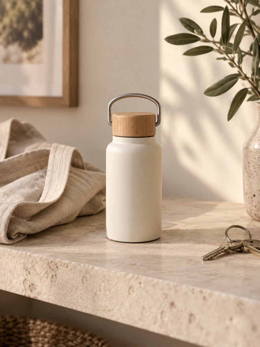 Petite gourde crème à bouchon bambou près d’un sac en lin et de clés.