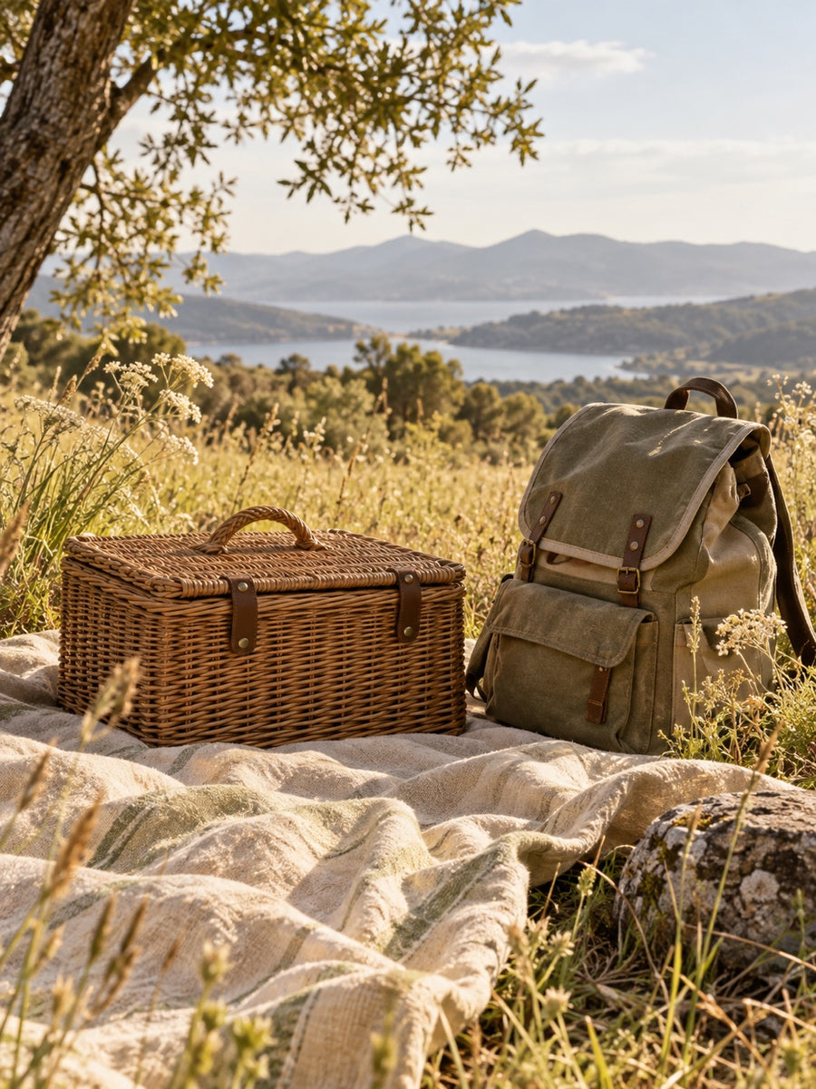 Panier de pique-nique et sac dans une prairie ensoleillée.