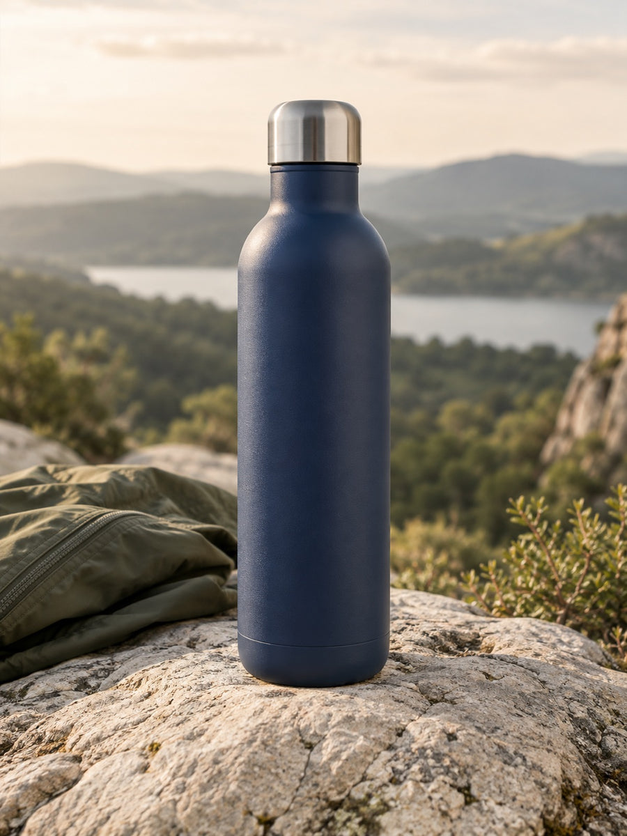 Gourde bleu marine sur un rocher près d’une veste, collines au loin.