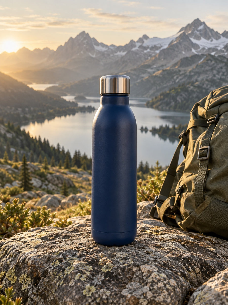 Gourde bleu marine et sac de randonnée face à un lac alpin.