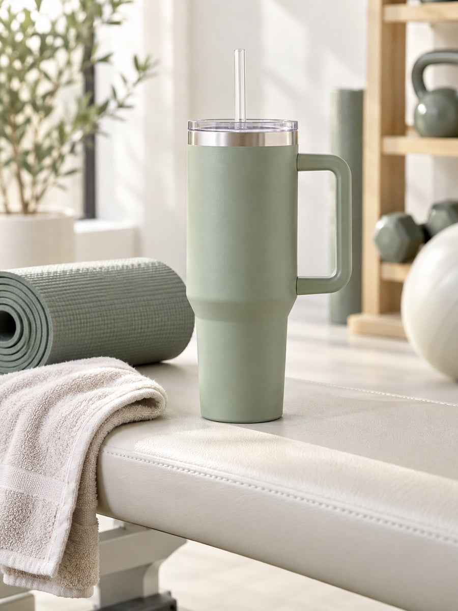 Gourde à poignée et paille vert sauge près d’un tapis de yoga.