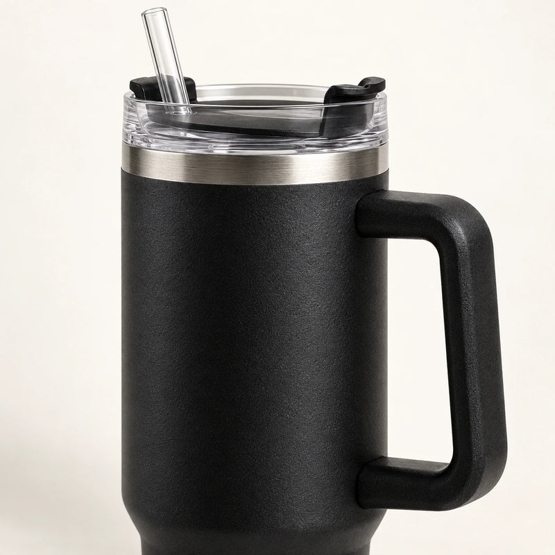 Gourde Isotherme 1.2L Noir avec Paille et Poignée – Thermos Inox XXL