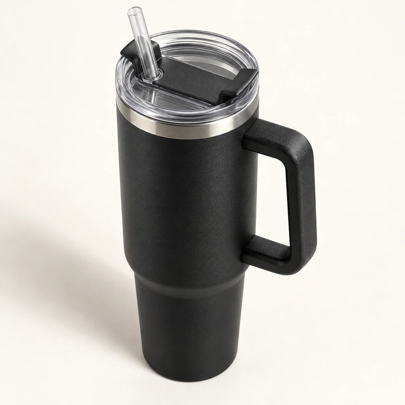 Gourde Isotherme 1.2L Noir avec Paille et Poignée – Thermos Inox XXL