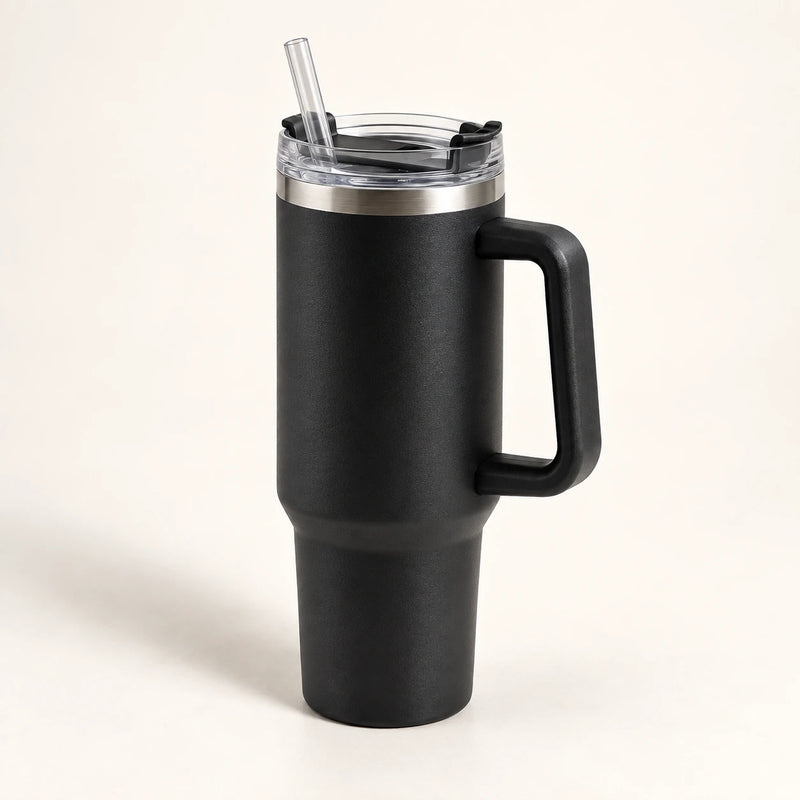 Gourde Isotherme 1.2L Noir avec Paille et Poignée – Thermos Inox XXL