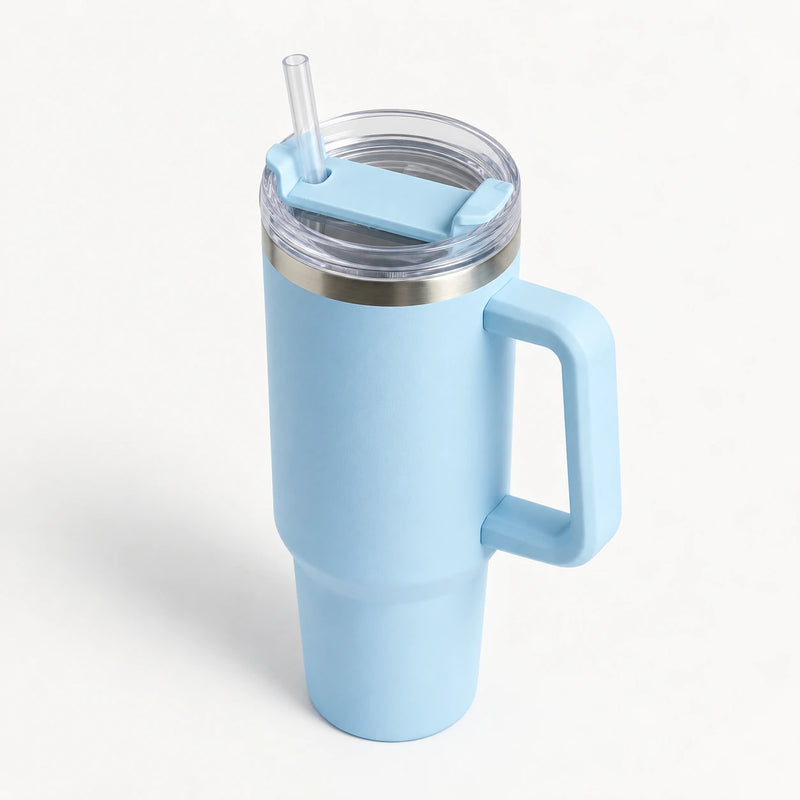 Gourde Isotherme 1,2L Bleu Ciel avec Paille et Poignée — Thermos Inox XXL