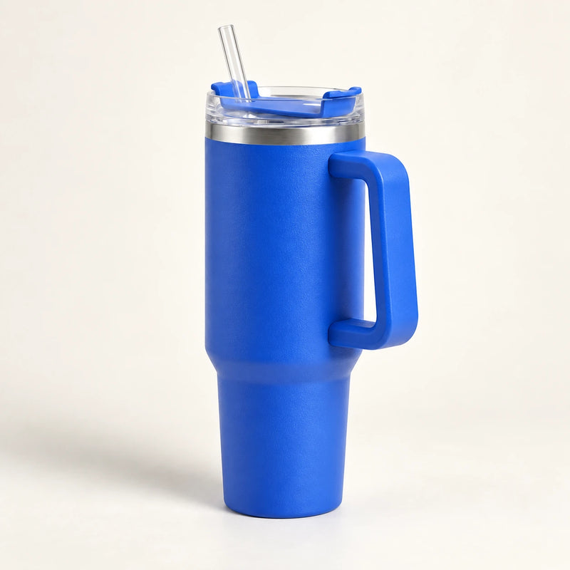 Gourde Isotherme 1,2L Bleu Saphir avec Paille et Poignée — Thermos Inox XXL