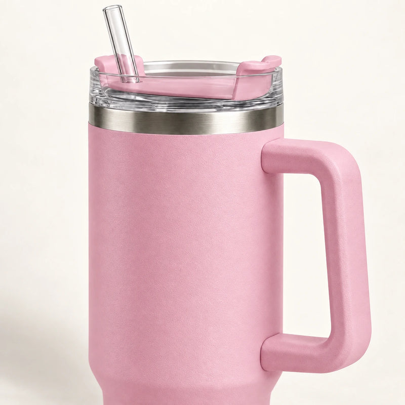 Gourde Isotherme 1,2L Rose avec Paille et Poignée — Thermos Inox XXL