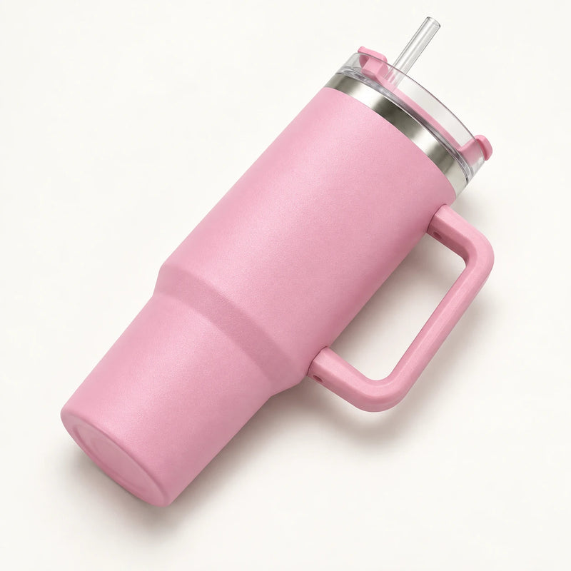 Gourde Isotherme 1,2L Rose avec Paille et Poignée — Thermos Inox XXL