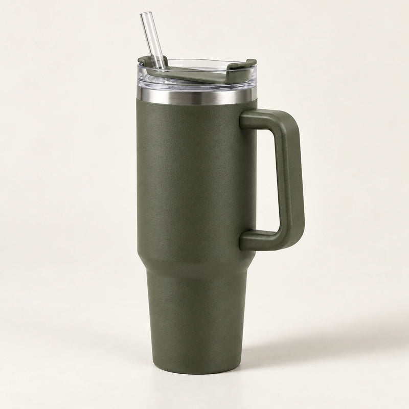 Gourde Isotherme 1,2L Vert Militaire avec Paille et Poignée — Thermos Inox XXL