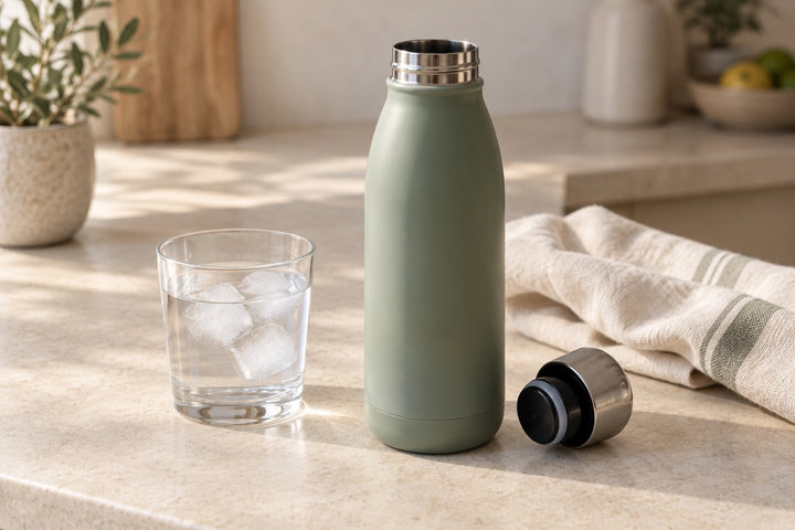 Gourde isotherme vert sauge ouverte, bouchon posé à côté et verre d’eau avec glaçons.