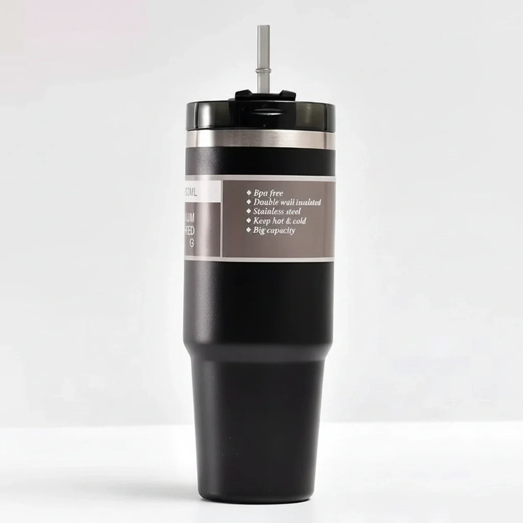 Gourde isotherme avec paille noir 