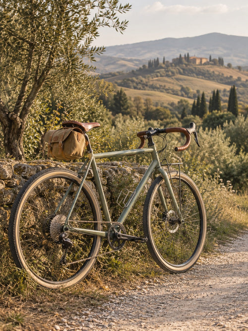 Vélo de randonnée près d’un chemin de campagne.