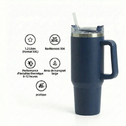 Gourde Isotherme 1,2L Bleu Marine avec Paille et Poignée — Thermos Inox XXL
