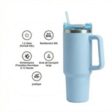 Gourde Isotherme 1,2L Bleu Ciel avec Paille et Poignée — Thermos Inox XXL