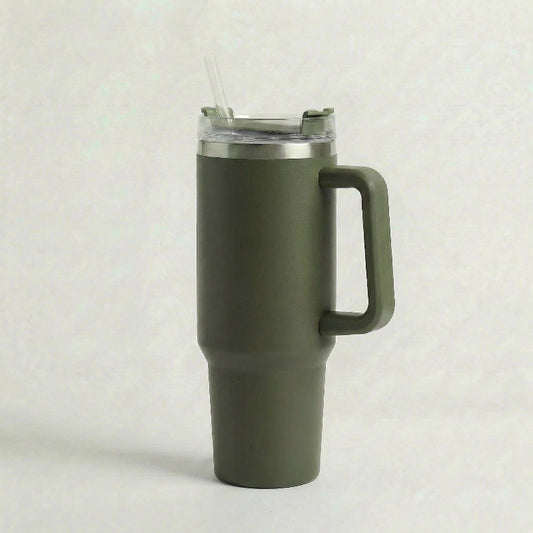 Gourde-Isotherme-1.2L-Vert-Militaire-  avec-Paille-et-Poignée–Thermos-Inox- XXL