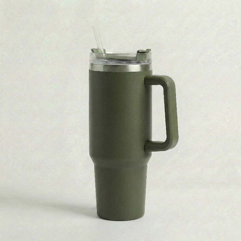 Gourde-Isotherme-1.2L-Vert-Militaire-  avec-Paille-et-Poignée–Thermos-Inox- XXL