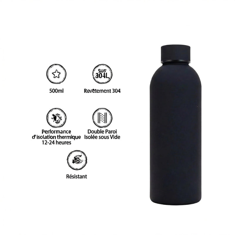 Gourde Isotherme 500ml Noir Acier Inoxydable Double Paroi — Récipient Nomade