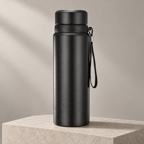 Gourde isotherme 1 litre noire avec dragonne en studio minéral