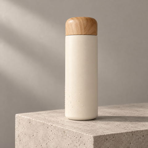 Gourde isotherme 250 ml crème avec bouchon effet bois en studio minéral