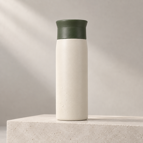 Gourde isotherme 350 ml crème avec bouchon vert en studio minéral
