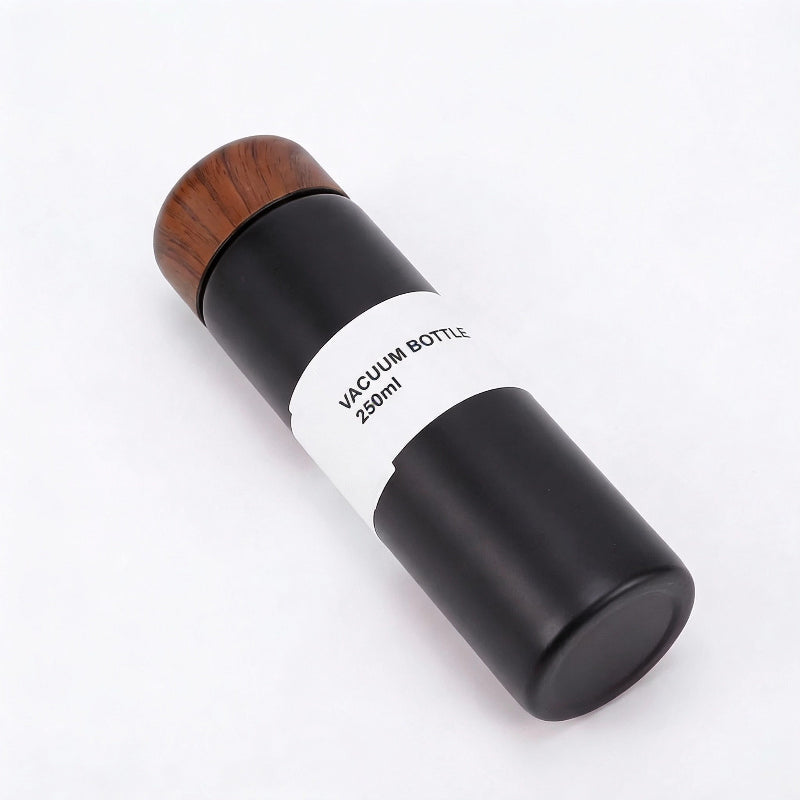 Gourde Isotherme 250ml Noir Bouchon Bois — Inox Double Paroi Sans BPA