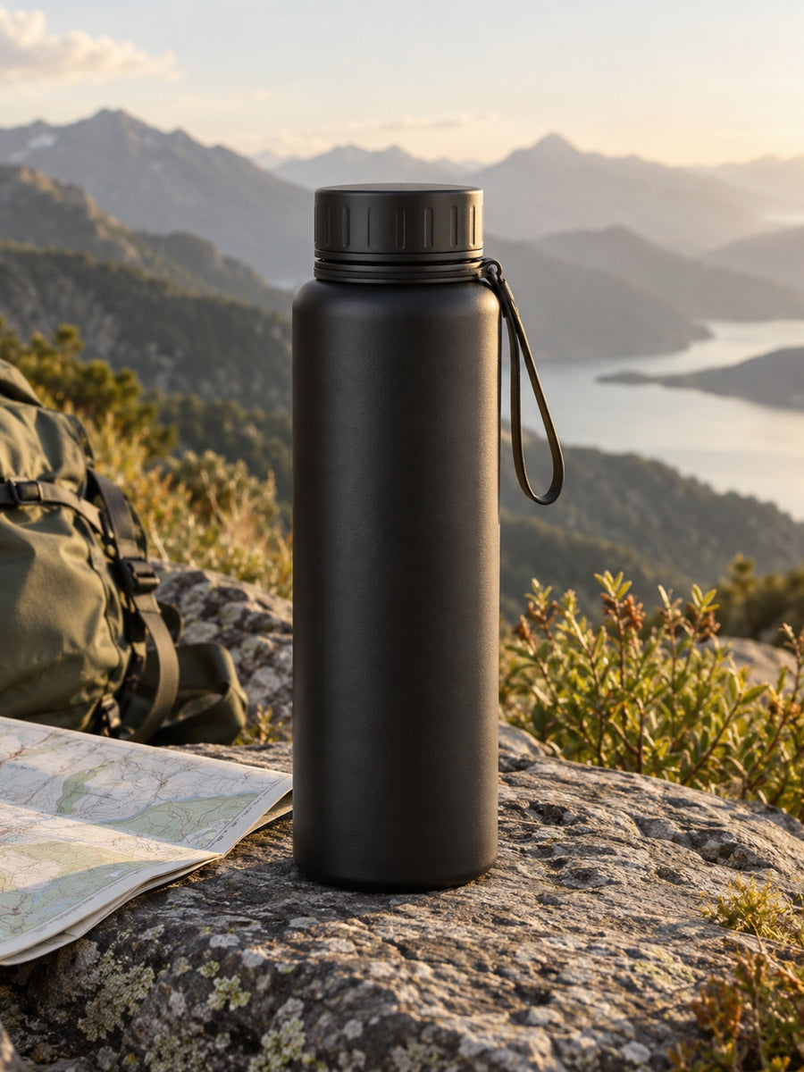 Grand thermos noir à dragonne près d’une carte en montagne.