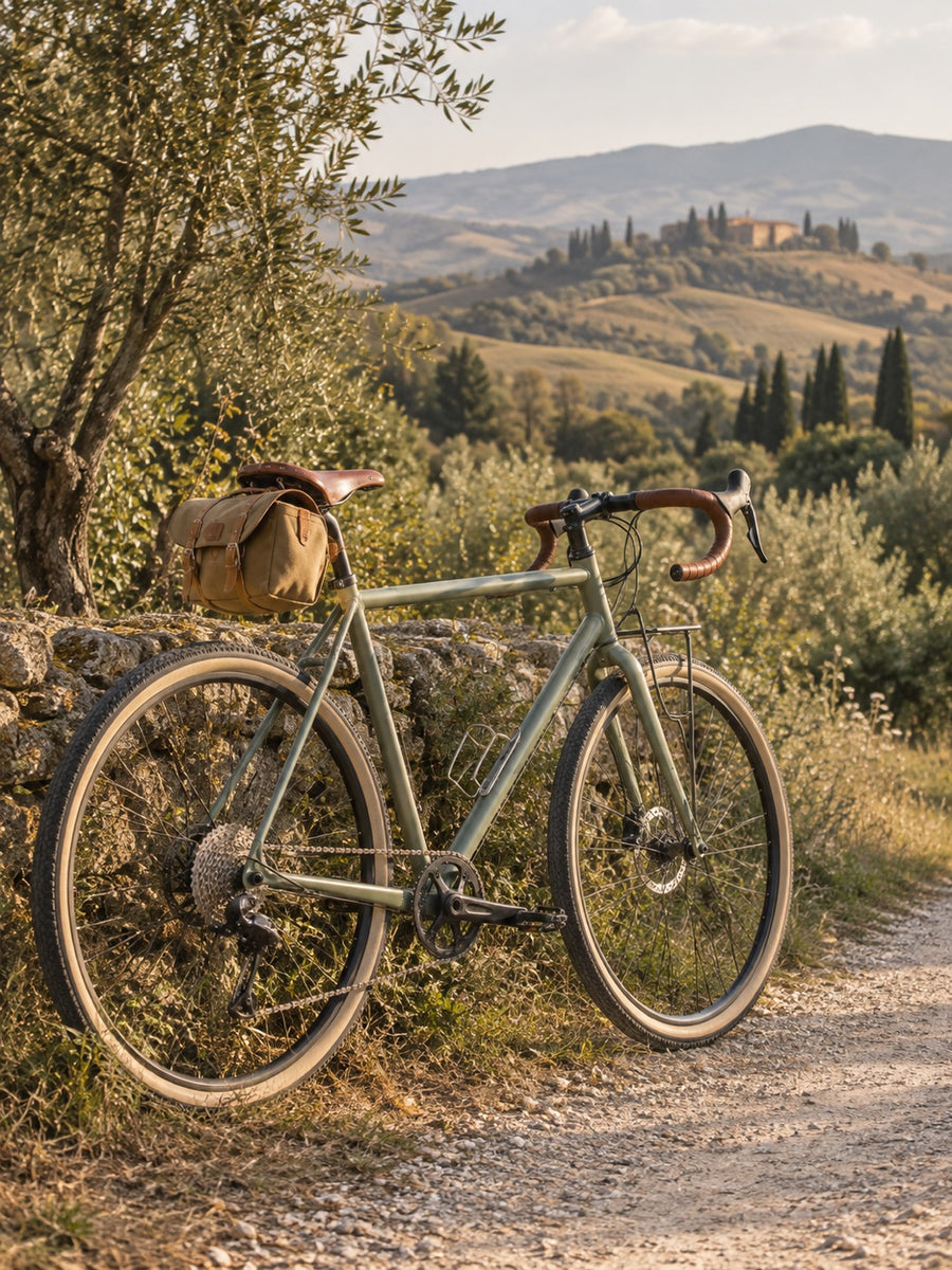 Vélo de randonnée près d’un chemin de campagne.
