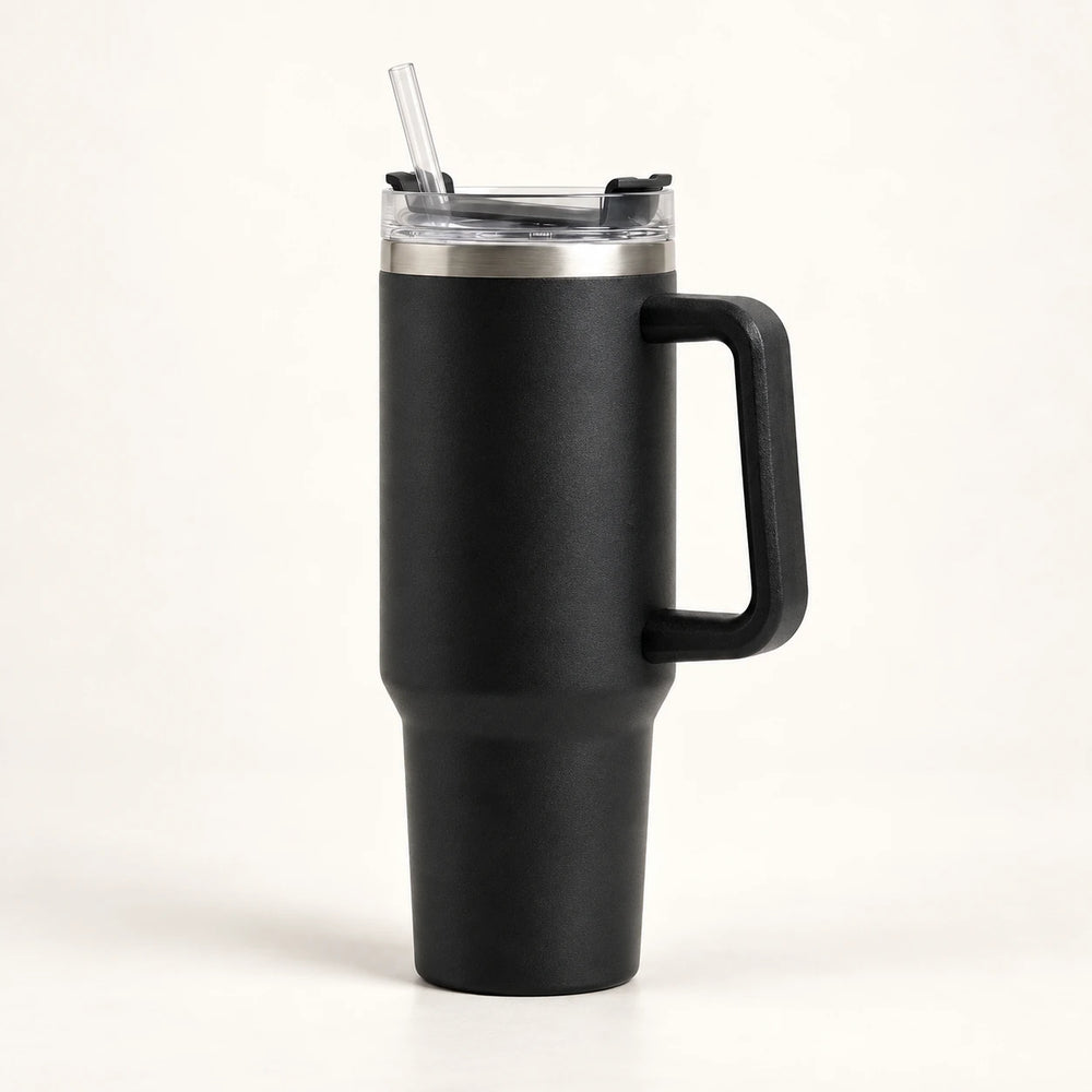 Gourde Isotherme 1.2L Noir avec Paille et Poignée – Thermos Inox XXL