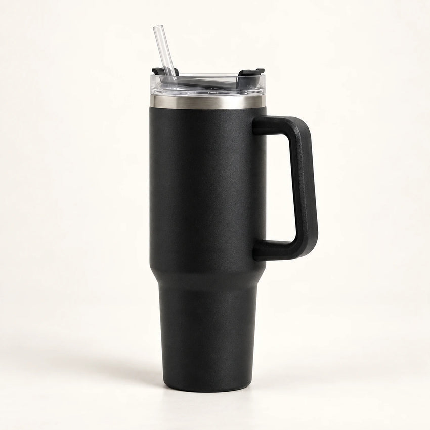 Gourde Isotherme 1.2L Noir avec Paille et Poignée – Thermos Inox XXL