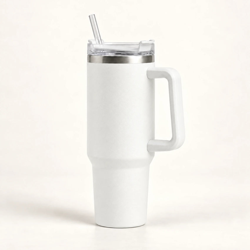 Gourde Isotherme 1,2L Blanc avec Paille et Poignée — Thermos Inox XXL