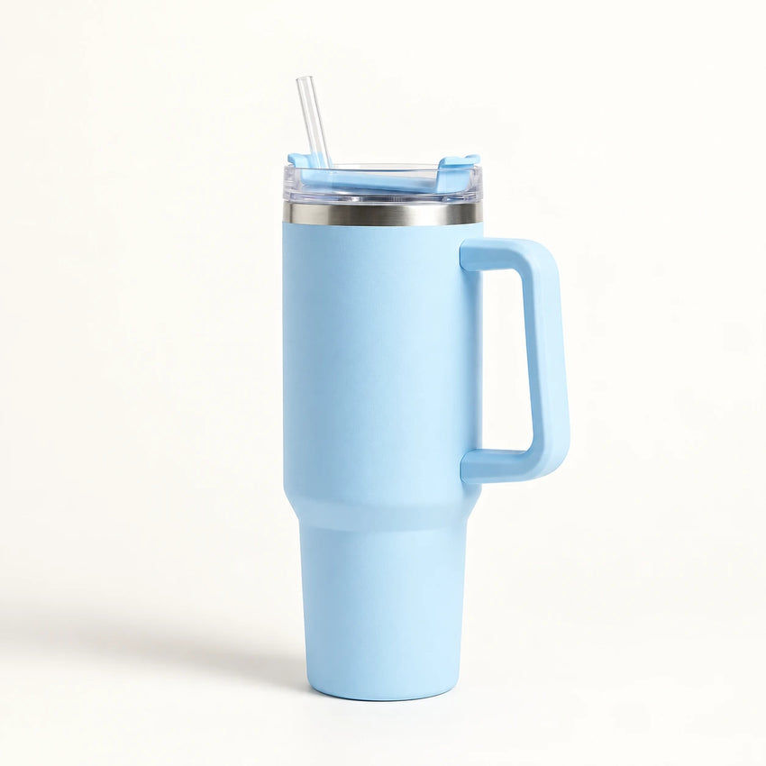 Gourde Isotherme 1,2L Bleu Ciel avec Paille et Poignée — Thermos Inox XXL