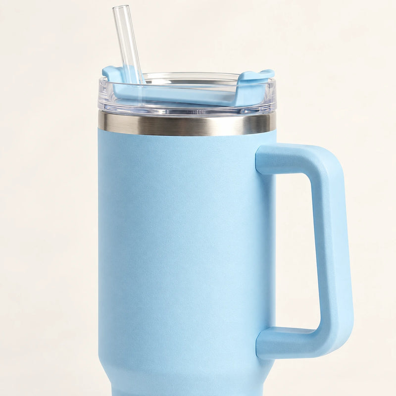 Gourde Isotherme 1,2L Bleu Ciel avec Paille et Poignée — Thermos Inox XXL