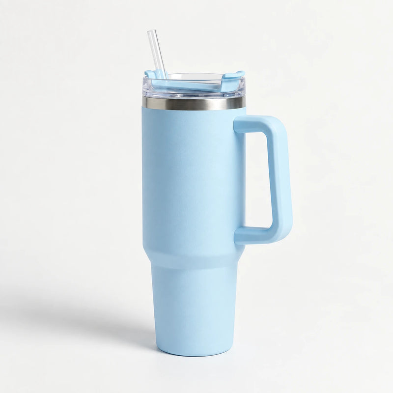 Gourde Isotherme 1,2L Bleu Ciel avec Paille et Poignée — Thermos Inox XXL