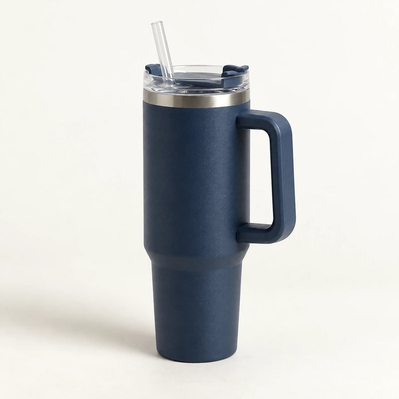 Gourde Isotherme 1,2L Bleu Marine avec Paille et Poignée — Thermos Inox XXL