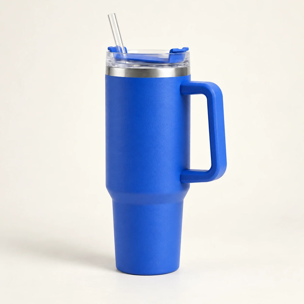 Gourde Isotherme 1,2L Bleu Saphir avec Paille et Poignée — Thermos Inox XXL
