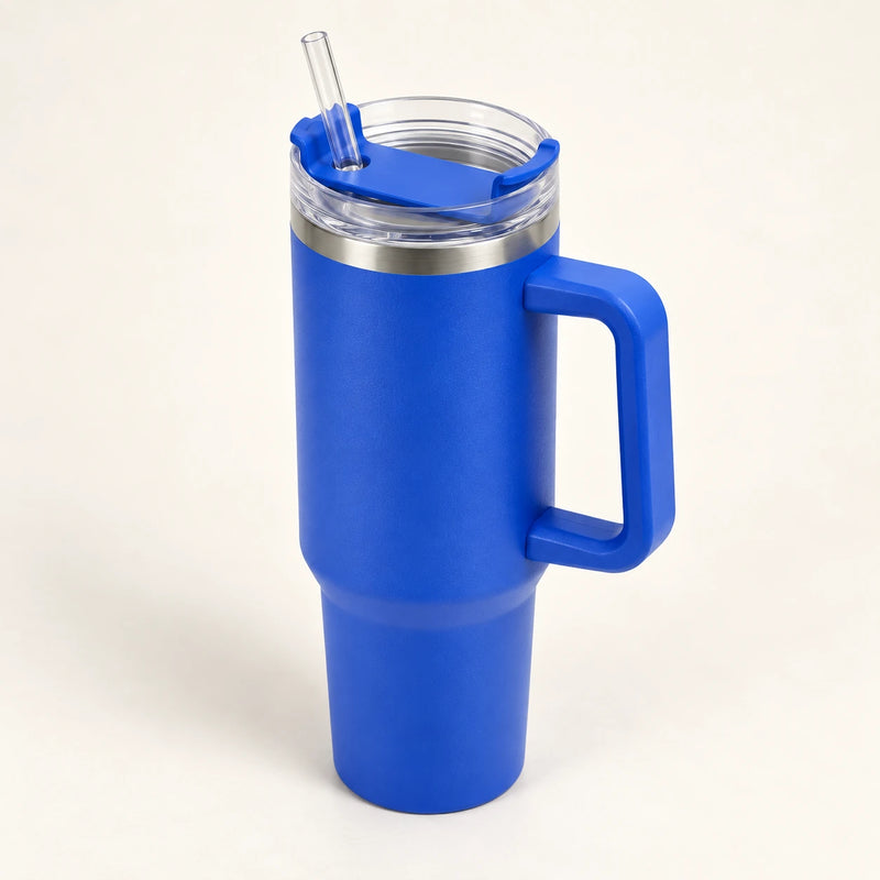 Gourde Isotherme 1,2L Bleu Saphir avec Paille et Poignée — Thermos Inox XXL