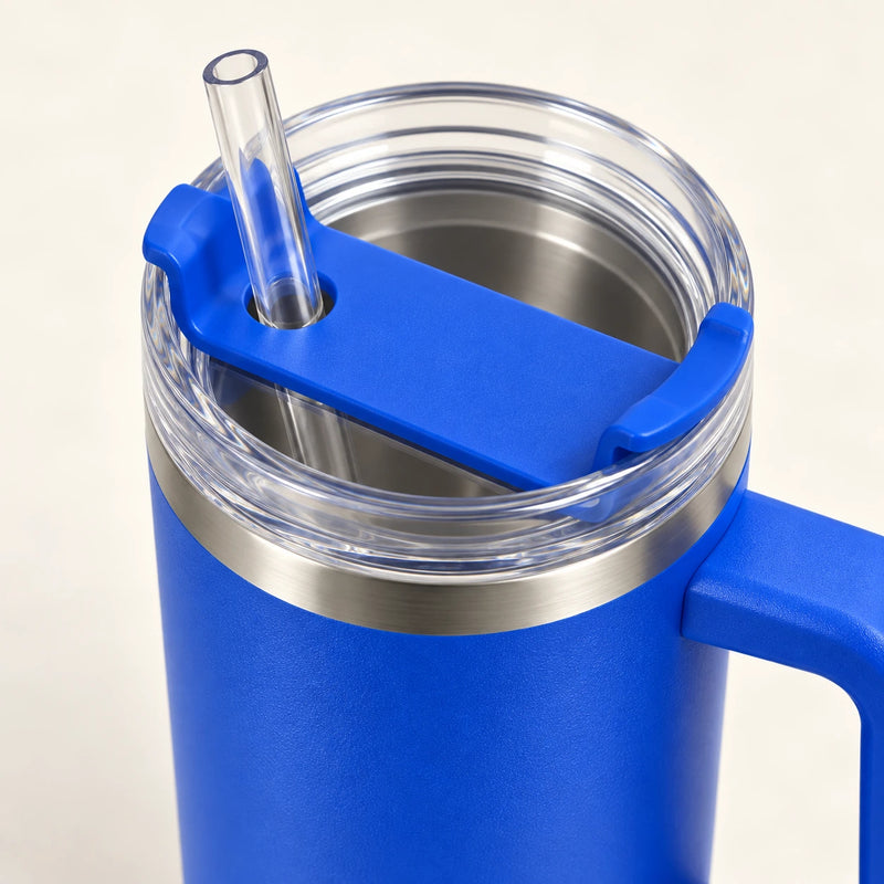 Gourde Isotherme 1,2L Bleu Saphir avec Paille et Poignée — Thermos Inox XXL