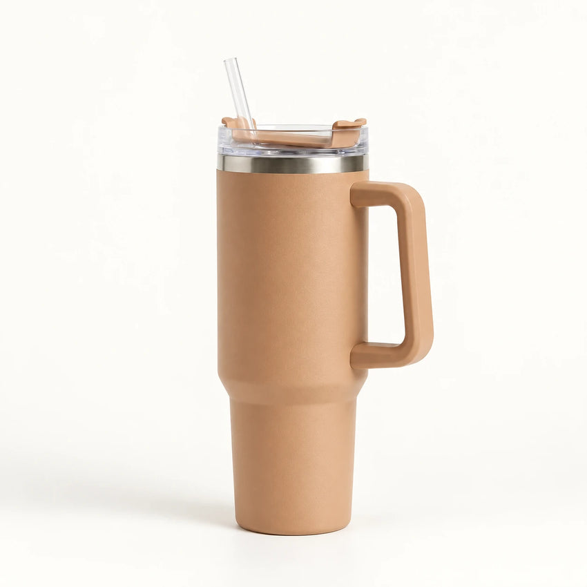 Gourde Isotherme 1,2L Caramel avec Paille et Poignée — Thermos Inox XXL