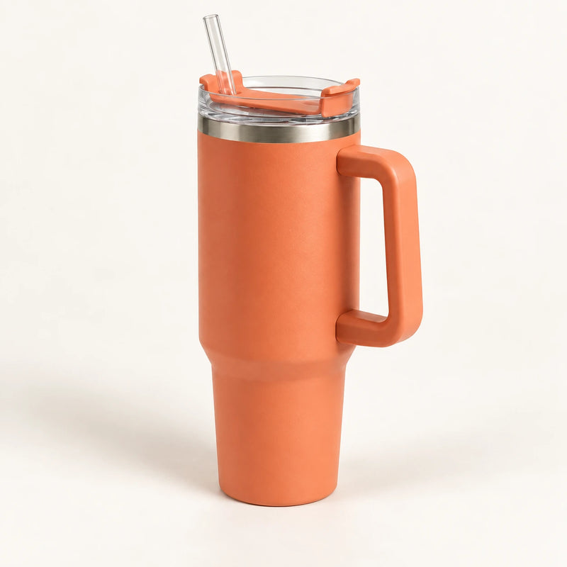 Gourde Isotherme 1,2L Orange avec Paille et Poignée — Thermos Inox XXL