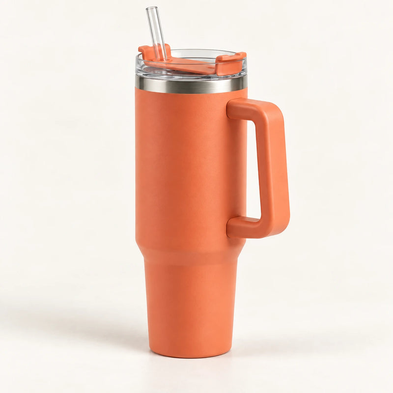 Gourde Isotherme 1,2L Orange avec Paille et Poignée — Thermos Inox XXL
