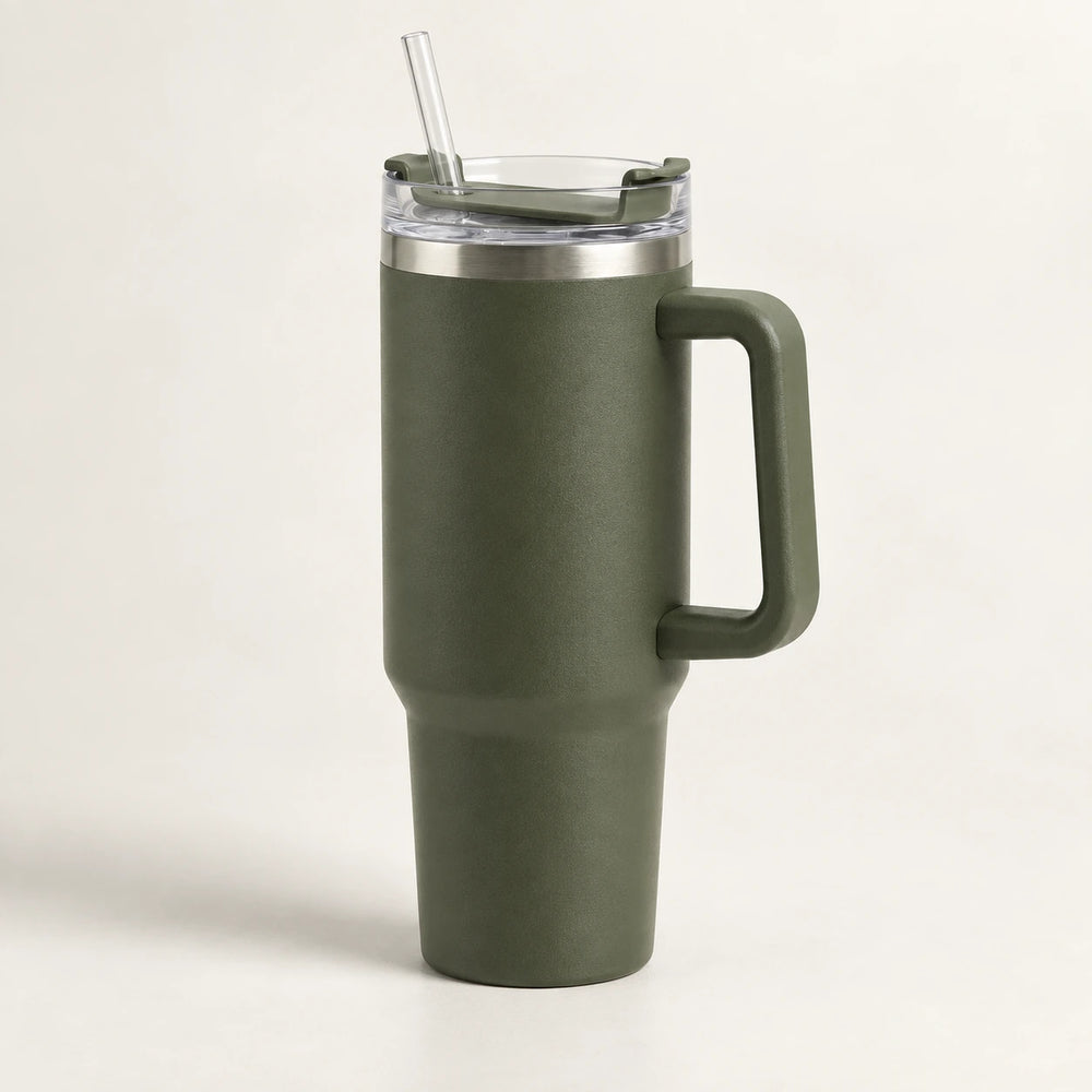 Gourde Isotherme 1,2L Vert Militaire avec Paille et Poignée — Thermos Inox XXL
