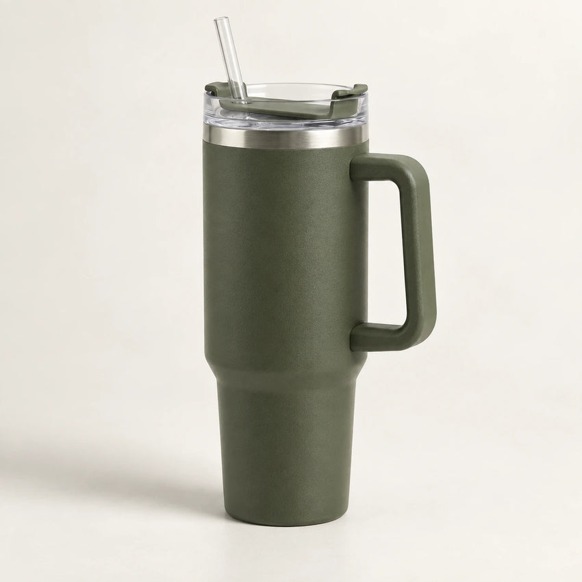 Gourde Isotherme 1,2L Vert Militaire avec Paille et Poignée — Thermos Inox XXL