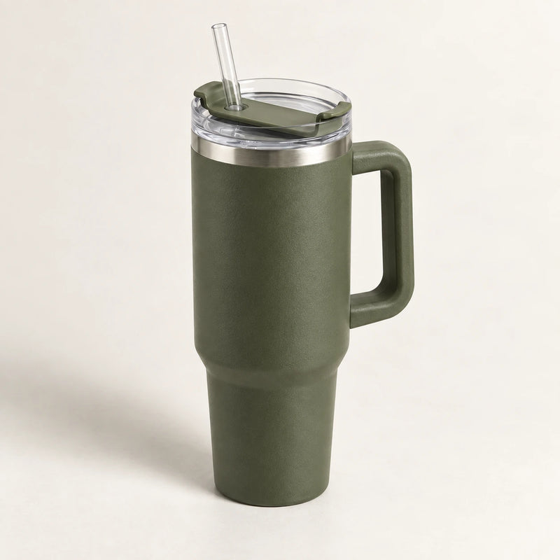 Gourde Isotherme 1,2L Vert Militaire avec Paille et Poignée — Thermos Inox XXL