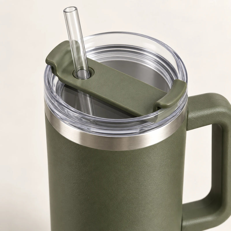 Gourde Isotherme 1,2L Vert Militaire avec Paille et Poignée — Thermos Inox XXL