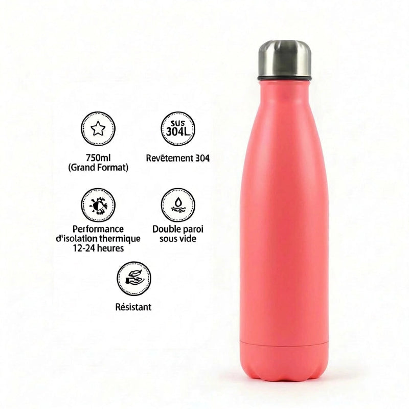 Gourde Isotherme 750ml Rose Sans BPA Double Paroi — Robuste Sport et Outdoor